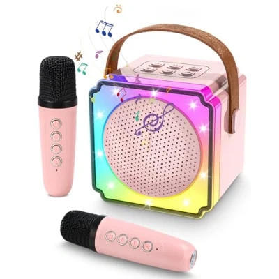 Afbeelding van karaoke machine voor kinderen met 2 microfoons, draagbaar, ledlicht en stemveranderingseffecten, cadeaus van 5 tot 12 jaar, jongens, meisjes