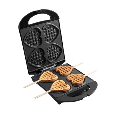 Afbeelding van Bestron Wafelijzer voor hartvormige Wafels, hartvorm op een stokje, Wafelmaker met antiaanbaklaag &amp; indicatielampje, incl. 20 houten stokjes, kleur: Zwart