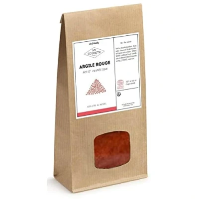 Afbeelding van Ecocert gecertificeerde COSMOS NATURAL rode klei 100% mineraal en natuurlijk cosmetische kwaliteit MY COSMETIK 200 g in kraftzak