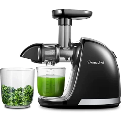 Image de AMZCHEF Extracteur Jus de Fruits et Légumes Presses agrumes à Froid sans BPA avec 2 Tasses Brosse Fonction Mastication Inversée pour Éviter les Blocages Noir Mat