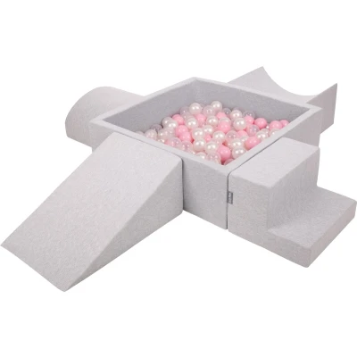 Afbeelding van KiddyMoon schuimspeelplaats met vierkant ballenbad (300 ballen) ballenbakken voor baby&#039;s speelbad hindernisbanen, made in the eu, lichtgrijs:poederroze/parelmoer/transparant
