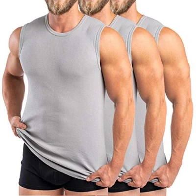 Afbeelding van HERMKO 3040 tanktops voor heren, ronde hals, 100% biologisch katoen, verpakking van 3 stuks, grijs.