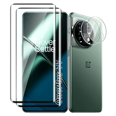 Afbeelding van Fyqzio 2 + stuks gehard glas compatibel met OnePlus 11 en camerabescherming, zonder luchtbellen, hardheid 9H, krasbestendig, 3D volledige afdekking, HD displaybescherming