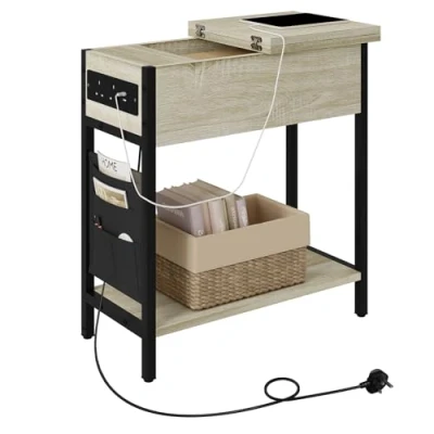 Afbeelding van EUGAD Bijzettafel met laadstation, nachtkastje oplaadfunctie, salontafel, salontafel opbergruimte, kleine tafel, USB poort, stopcontact, tas, opvouwbaar tafelblad,