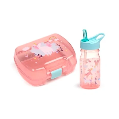 Image de Puckator Set porte goûter rose pour fille (boîte à déjeuner nourriture et bouteille d&#039;eau avec paille) magie de la licorne arc en ciel, sans BPA