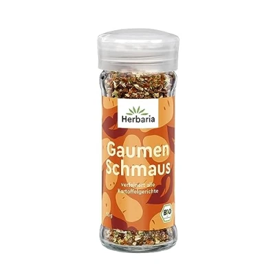 Afbeelding van Herbaria Gaumenschmaus biologische strooier 55 g gebruiksklare aardappelkruiden voor aardappelen en gratin met prachtige ingrediënten in praktische kruidenpot van glas