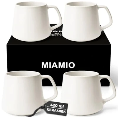 Afbeelding van MIAMIO Set koffiekopjes (4 stuks) / grote keramische mokken (420 ml) Mok voor cappuccino, thee, espresso magnetron en vaatwasmachinebestendig (wit)