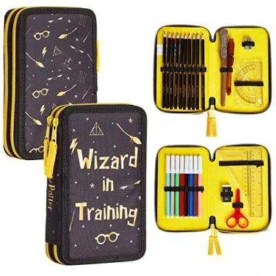 Afbeelding van Harry Potter Pennenetui voor kinderen, gevuld met vak, kleurpotloden, schoolbenodigdheden, cadeau de eerste schooldag, Zwart/Geel, Modern