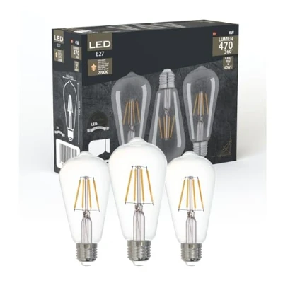 Image de EGLO Lot de 3 ampoules LED E27, ampoule filament vintage, 4 watts chacune, lumière blanche chaude, 2700 K, 470 lumens, lampe rétro ST64, Ø 6,4 cm