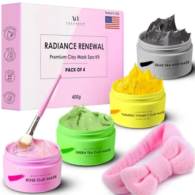 Afbeelding van Clay 4 stuks gezichtsmaskers (400 g) + extra hoofdband en borstel kurkuma vitamine C, roze, dode zee modder masker groene thee, zuiverend spa gezichtsmasker set