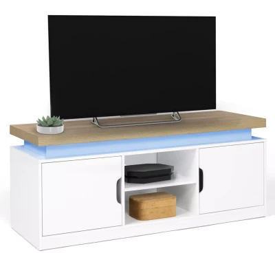 Image de Meuble TV 110 cm 2 portes LUNA à LEDS blanc et plateau effet bois