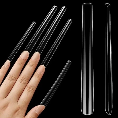 Afbeelding van NOVO OVO Extra lange vierkante nagels, super extreme taps toelopende 5XL XXXXXL volledige dekking heldere Franse nagels breed voor acryl x 12 maten