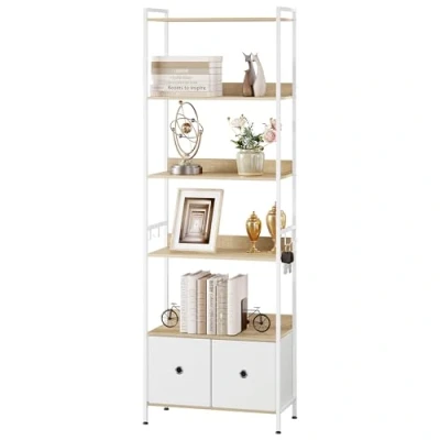 Afbeelding van WOLTU Boekenkast met 5 verdiepingen 2 laden, opbergrek op de vloer, modern, stalen frame, woonkamer, kantoor, werkkamer, keuken, slaapkamer, licht eiken+wit, RGB62whe