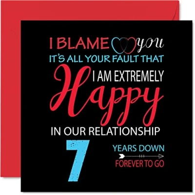 Afbeelding van Grappige verjaardagskaart voor echtgenoot en echtgenote Your Fault I&#039;m Extremely Happy wenskaart de 7e trouwdag partner, 145 mm x zevende verjaardag