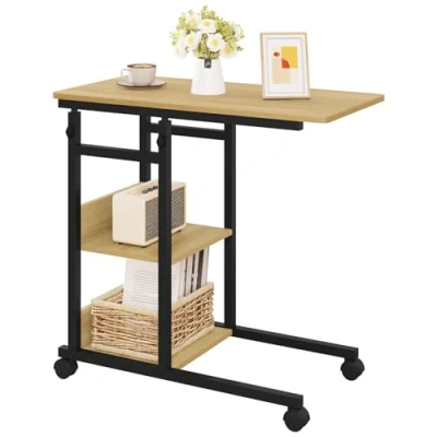 Afbeelding van WOLTU BTS08hei Bijzettafel, salontafel, woonkamertafel, laptoptafel, bedtafel, C vorm, in hoogte verstelbaar, met wieltjes, metaal, licht eiken + zwart