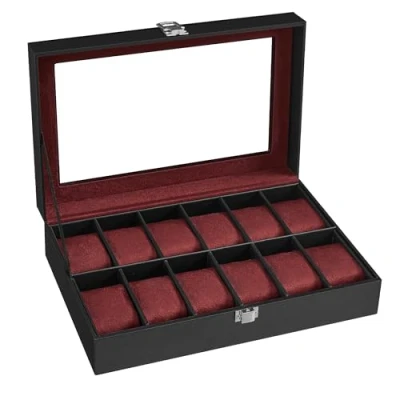 Afbeelding van SONGMICS Horlogedoos met 12 sleuven, horlogekast glazen deksel, presentatiedoos afneembare horlogekussens, metalen sluiting, cadeau idee, zwart kunstleer,