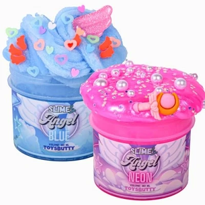 Afbeelding van ToysButty 2 slijm neon &amp; wolk slijmset voor kinderen meisjes en jongens, met engelthema&#039;s, Deja Fait, 4 accessoires, grote bedels, speelgoed