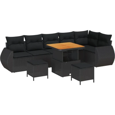 Afbeelding van vidaXL 9 delige tuinbankset met kussens zwart poly rattan acacia