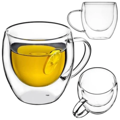 Afbeelding van KADAX 250 ml dubbelwandige glazen mok met brede handgreep, drankglas, thee glas, koffie, cappuccino, water, ijsthee, ijs, universeel theeglas, vacuüm (1)