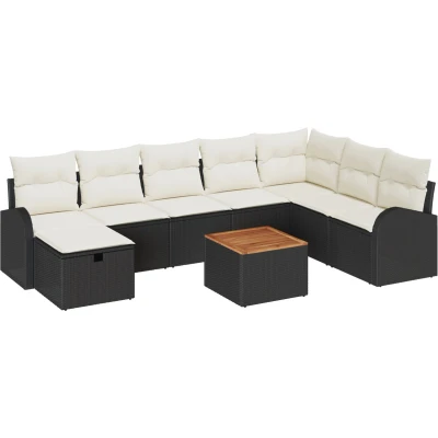 Afbeelding van vidaXL 9 delige Tuin Sofa Set met Kussens Zwart Poly Riet, 2 zits Opslag &amp; Riet