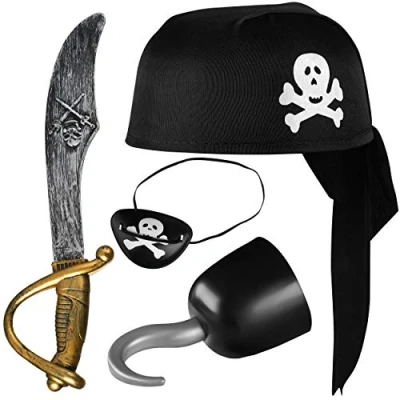 Afbeelding van 4 delige piratenset voor kinderen, bestaande uit een zwarte piratenhoed + zwaard afdekking piratenhaak, kostuumset Mardi Gras/carnaval