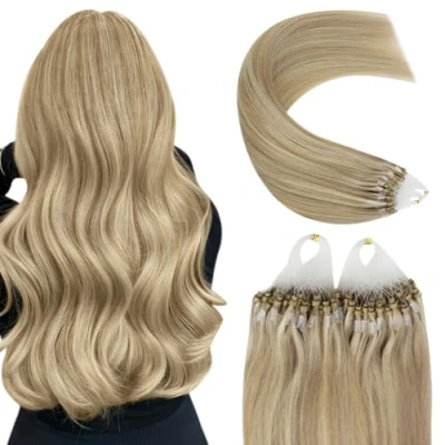 Afbeelding van YoungSee Haarextensions, echt haar, micro ring, 1 g, kralen, steil, 50 #16/22, blond, cm