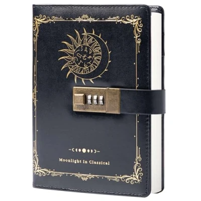 Afbeelding van Sterrenbeeld Leren dagboek met slot, dierenriem maan zon om te schrijven, B6 notitieboek gelinieerd papier voor mannen en vrouwen (zwart)