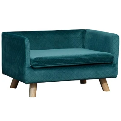 Afbeelding van Pawhut Hondenbank voor honden, Scandinavisch design, zacht kussen, voeten van massief hout, afmetingen: 81 x 64 37 cm, fluweel, blauw