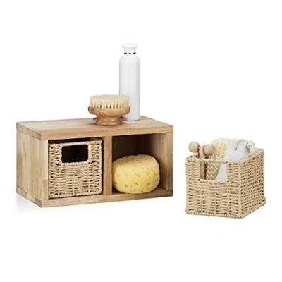 Afbeelding van Relaxdays Plank met 2 dobbelstenen, uitneembare mand, hout, walnoot, hal, slaapkamer, keuken, wandmontage, natuur, 18 x 31 16 cm