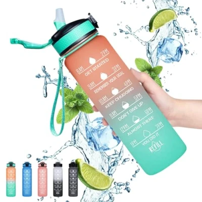 Afbeelding van Gaiayhc Sportwaterfles, 1 liter, met tijdmarkering, rietje, lekvrij, sportwaterfles voor sport, wandelen, fitnessstudio, fitness, outdoor, fietsen, school en kantoor