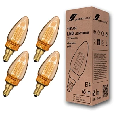 Afbeelding van Greenandco® ledlamp, dimbaar, decoratief, vintage, retro, industrieel, antiek, Edison, E14, C35, 2,3 W, 65 lm, 1800 K, zeer warm wit, 320 graden, 230 V, geen flikkeren, 4 stuks