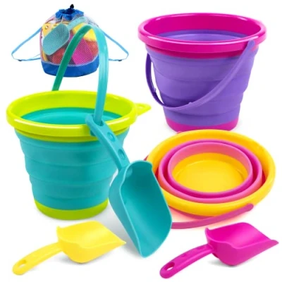 Afbeelding van JOYIN opvouwbare strandemmerset, 3 stuks, speelgoedemmers met schep en mesh rugzak voor kinderfeest, reizen, visemmer (roze/paars/groen)
