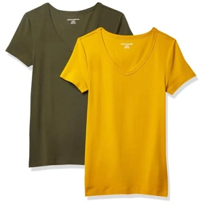Image de Amazon Essentials T Shirt Col en v à Manches Courtes Coupe Ajustée Women&#039;s, Pack of 2, Or/Vert Olive, M