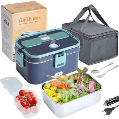 Afbeelding van HapopFan Elektrische lunchbox, 80 W, sneller opwarmen van levensmiddelen, 1,8 l, vrachtwagenvoedselverwarmer, lunchwarmer, draagbare verwarmde lunchbox met draagtas, lepel