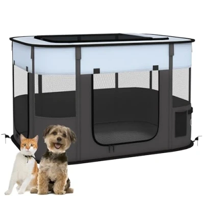 Afbeelding van PawHut Welpenauslauf, Welpenlaufstall mit Türen, Fenster, faltbar Laufgitter, Atmungsaktiv Netz, für kleine Hunde unter 10 kg und Kleintiere, Indoor Outdoor, 94 x 74 60 cm, Grau