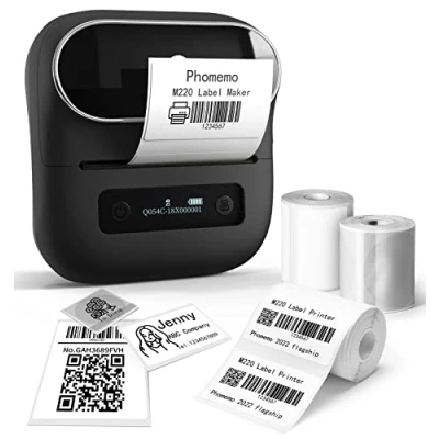 Afbeelding van Phomemo M220 labelprinter, thermische printer, barcode etiketten, detailhandel, kleine bedrijven, compatibel met smartphone en pc, 3 rollen etiketten