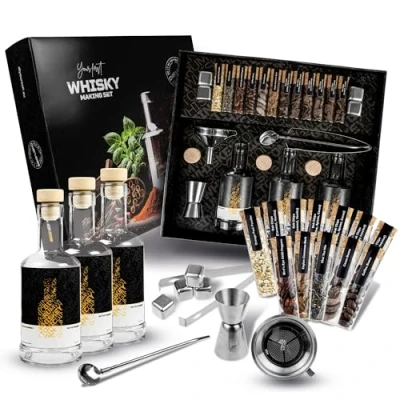Afbeelding van DIBYS doe het zelf whiskyset met 12 natuurlijke specerijen en accessoires, whiskey making set, cadeauset voor mannen vrouwen, whiskyproeverij set 4 recepten (mogelijk niet