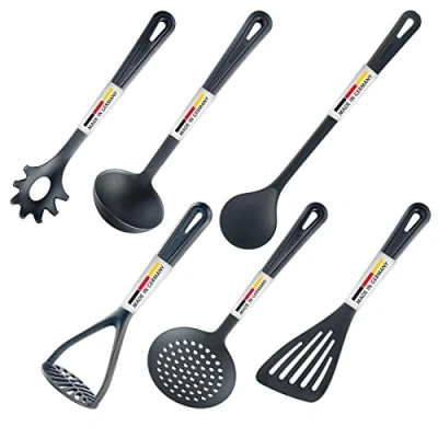 Afbeelding van Westmark Set van 6 keukenhulpjes, bakspatel, roerlepel, schuimspaan, spaghettilepel, soeplepel, aardappelstamper, kunststof, Gentle, zwart, 283522E6