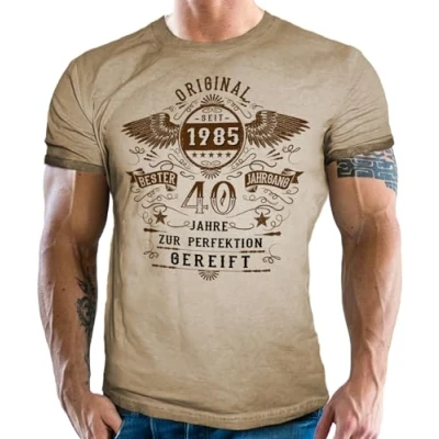 Afbeelding van Heren T shirt in retro used vintage look voor mannen de 40e verjaardag jaar 1985 40 perfect gerijpt, Vleugels zand, L