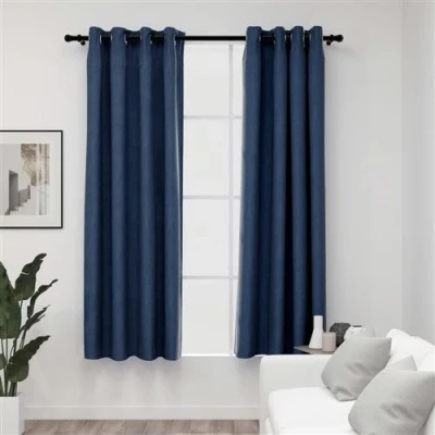 Afbeelding van Gordijnen linnen look verduisterend ogen 2 st 140x175 cm blauw