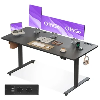 Afbeelding van OffiGo bureau réglable en hauteur, 160 cm, électrique relevable avec port de charge USB, debout 2 réglages mémoire, pour ordinateur bureau, noir