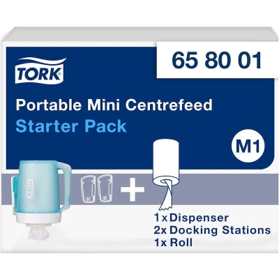 Afbeelding van Tork Starterpack Draagbare Mini Centerfeed Poetspapier Dispenser Kunststof Wit/Turquoise M1