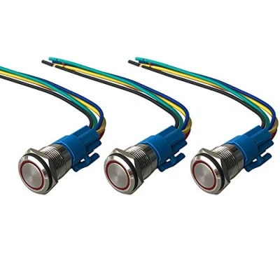Afbeelding van QitinDasen 3 stuks premium 12 V/24 V, 5 A, drukknopschakelaar, 16 mm, rood, led schakelaar, waterdicht, IP67 met stroomkabel