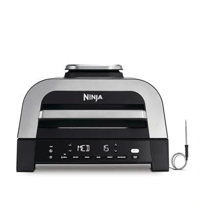 Afbeelding van Ninja MAX 6 in 1 binnengrill en olievrije friteuse, modi, kookt tot hamburgers, inhoud 3,8 l, lage rookontwikkeling, digitale vleesthermometer inbegrepen, grijs/zilver, DG551EU