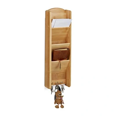 Afbeelding van Relaxdays sleutelrekje bamboe houten wand organizer sleutelhaakjes smal sleutelbord