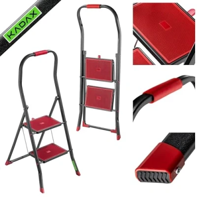 Afbeelding van KADAX Vouwladder van zwart en rood staal met een maximale belasting 150 kg, ladder klapbeveiliging, traptreden antislip treden (2 treden)