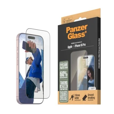 Afbeelding van PanzerGlass® Eyecare displaybeschermfolie voor Apple iPhone 16 Pro, anti reflecterend en blauw licht, van gehard glas, hoge krasbestendigheid schokbestendigheid, met montagehulp