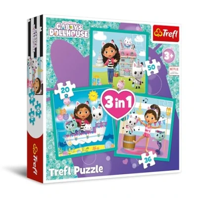 Afbeelding van Trefl Gabby&#039;s Dollhouse, Gabby activiteiten 3 in 1 puzzel, puzzels, van 20 tot 50 stukjes kleurrijke puzzels met stripfiguren, vrije tijd voor kinderen vanaf jaar