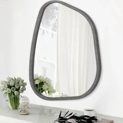 Afbeelding van HLFMVWE Onregelmatige Wandspiegel Houten Frame Asymmetrisch Modern Unieke Muurkunst Golvende Spiegel Decoratie Badkamer Ijdelheid Slaapkamer Woonkamer