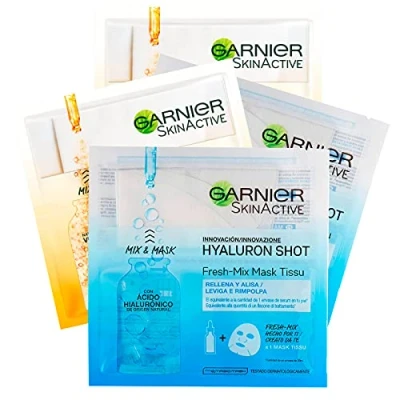 Image de Garnier Skinactive Masque en tissu Fresh Mix Vitamin C Shot énergisant illuminant avec vitamine + 4 x Hyaluron Hydratant Répulpant Acide Hyaluronique 8 masques faciaux